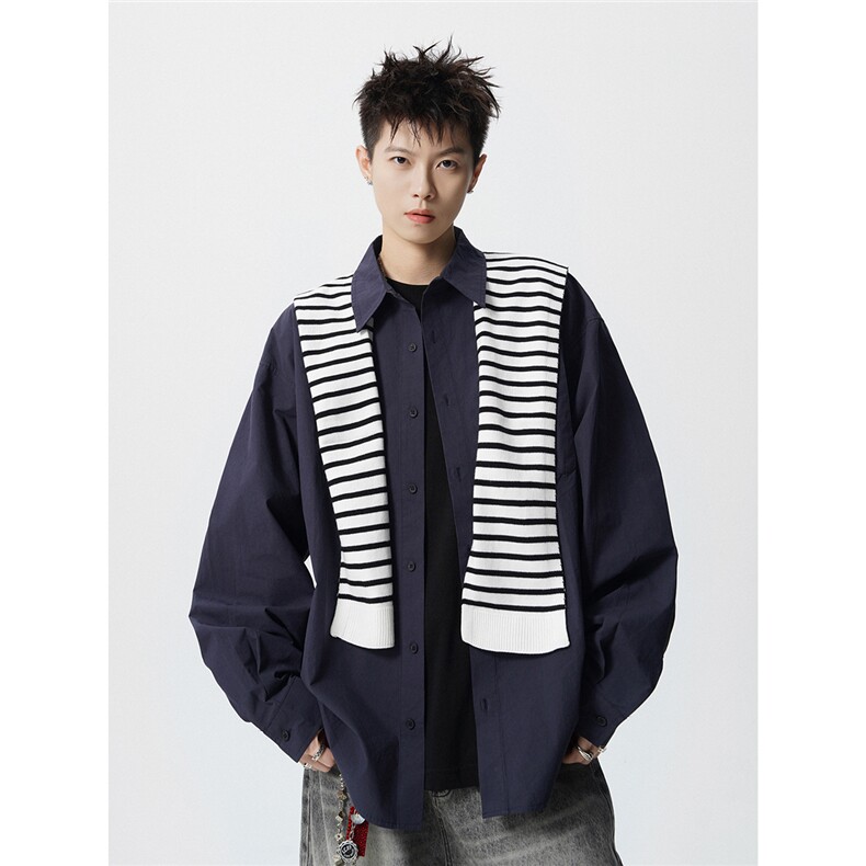 可二开无影墙可拆卸条纹披肩大码M-5XL长袖衬衫男CS78102P45控68，男装衬衫，星座227-7