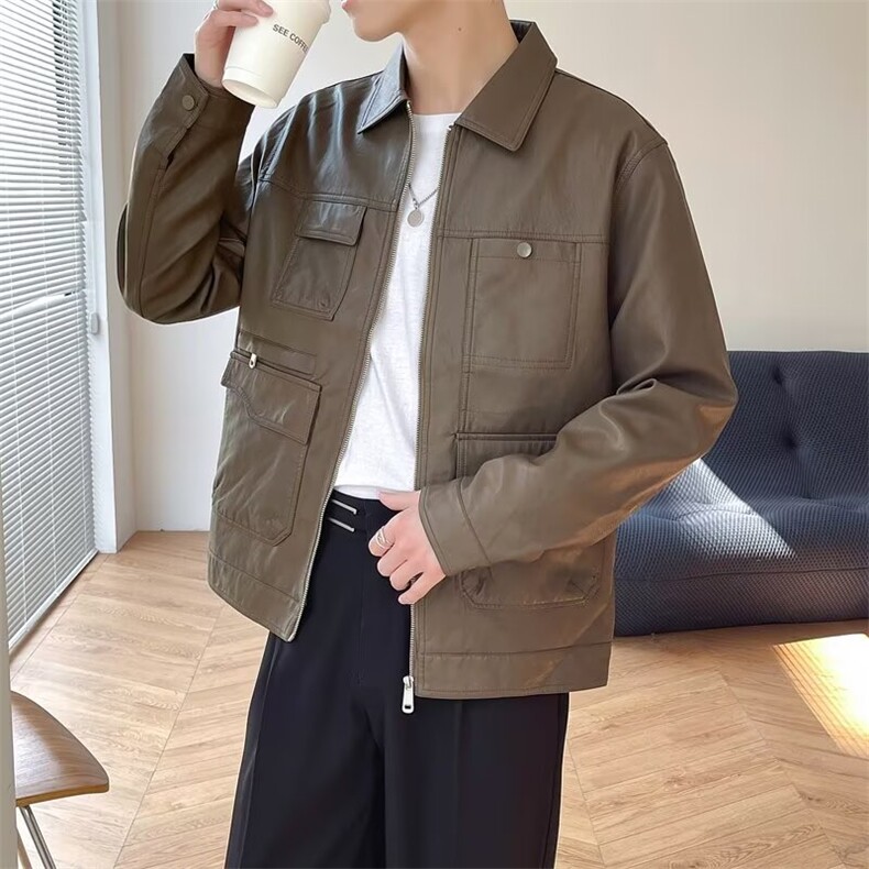 春秋季翻领皮夹克男士皮衣青年帅气机车服休闲轻熟上衣男 JKA25图片