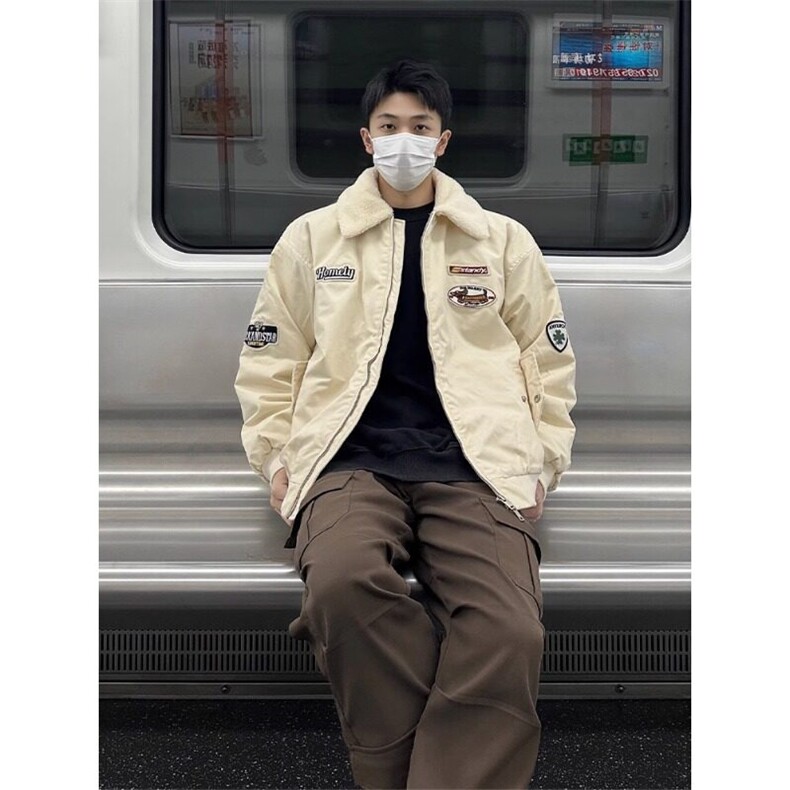 加绒加厚羊羔绒外套男款冬季美式摇粒绒棒球棉服翻领刺绣保暖棉衣,男装棉衣,星座908-1