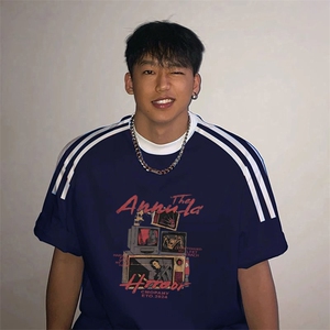 夏季美式高街重磅纯棉三条杠织带撞色男女短袖T恤ZD350-特P30图片