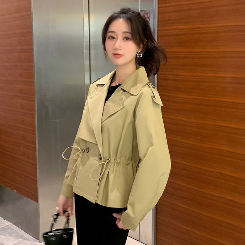 欧洲站设计感抽绳收腰短款风衣外套女秋新款英伦风双排扣休闲上衣,女装短外套,梦懿尔