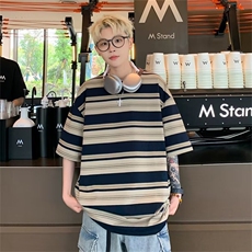 C448P38夏装男生休闲条纹港风时尚T恤上衣宽松日系，男装T恤，星座512-6