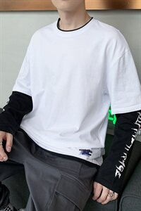 【】春秋新款纯棉T恤新款字母印花假两件长袖男DS453TP35图片