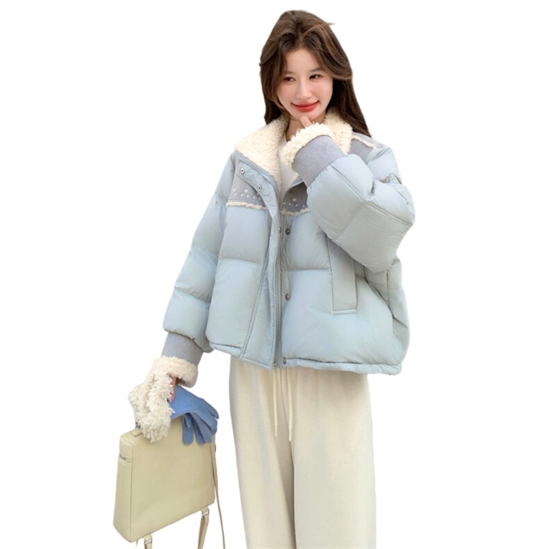 羊羔毛拼接短款羽绒服女2025年冬季新款小个子保暖减龄白鸭绒外套,女装羽绒服,2C032