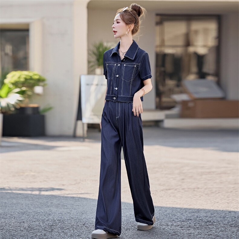 （新款现货）2026夏时尚薄款天丝牛仔短袖阔腿裤套装女（两件套）,女装牛仔外套,印象茜