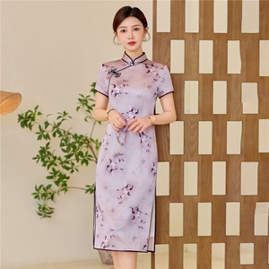 杭州品质真丝长裙复古印花连衣裙女春夏日常修身潮流真丝旗袍图片