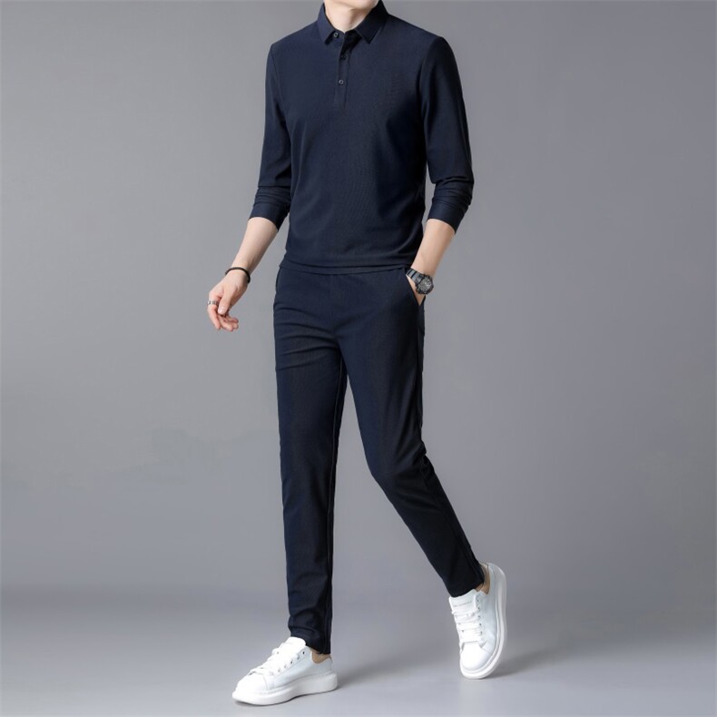 R-LZ690103夏季男式长袖灯芯绒两件套运动休闲翻领修身t恤套装,男装休闲套装,电商B360