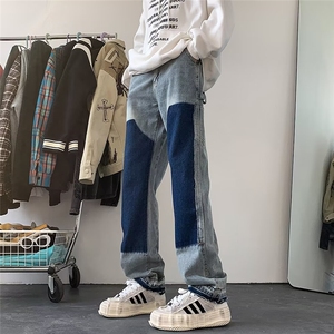 美式复古撞色拼接牛仔裤男高街设计感hiphop直筒毛边休闲裤男P53图片