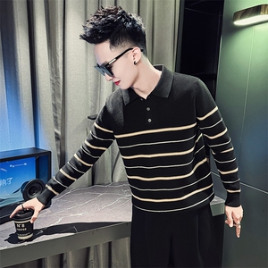 M93017-P68控98  秋冬季POLO领毛衣男潮流条纹时尚POLO领毛针织衫图片