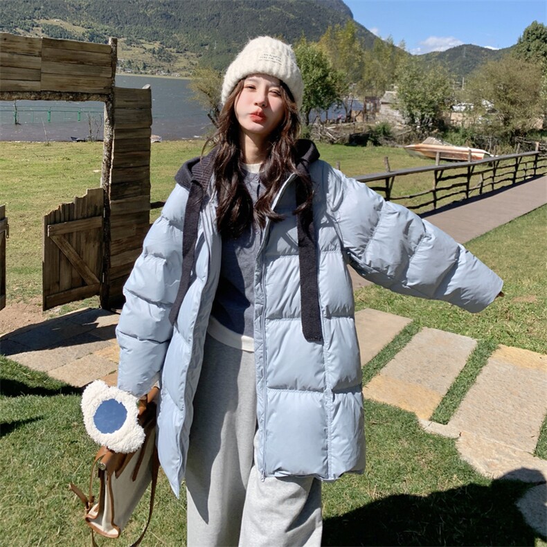 奶呼呼蓝色羽绒服女冬季2025新款中长款小个子宽松保暖面包服外套,女装羽绒服,2C177