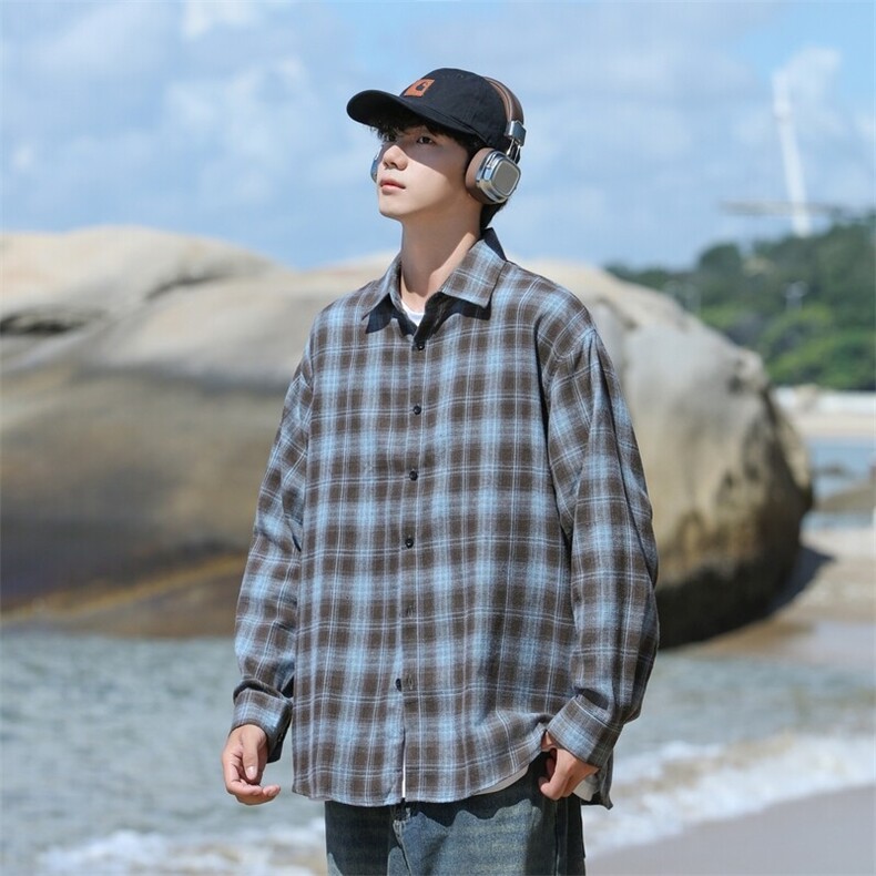 潮流格子衬衫男港风休闲长袖外套青少年男装2382P35,男装衬衫,星座1107-1