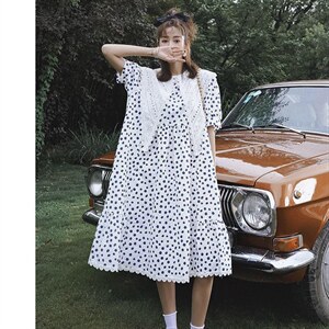 蕾丝领波点连衣裙,女装连衣裙,喜午