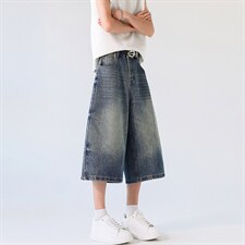 美式复古高腰宽松阔腿裤百搭垂感直筒七分裤牛仔裤K7013TP50，男装牛仔裤，电商D325