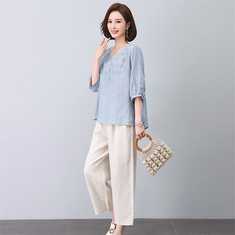 棉麻套装女夏2025新款时尚宽松大码亚麻小个子妈妈洋气减龄两件套,女装套装/套裙,独衣靓