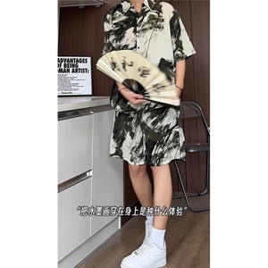水墨扎染短裤男短袖衬衫男套装男M-5XL大码TZ78714P50控98模特图图片