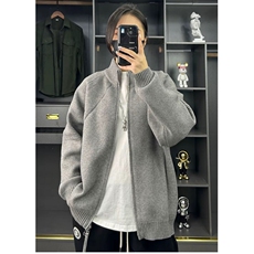 简约百搭纯色重磅拉链休闲宽松毛衣美拉德针织立领开衫ZZS104P65，男装针织衫/毛衣，电商D256A(原A064A)