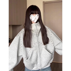 抖音得物高品质二开26春装美式高街铆钉拼接纯色开衫卫衣外套W122，女装短外套，电商A486