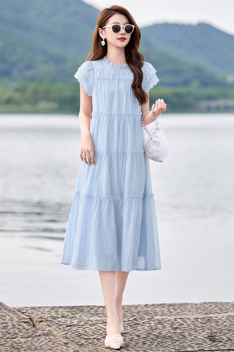 wynn256392法式木耳边飞飞袖连衣裙女甜美减龄中长裙2025夏连衣裙,女装连衣裙,丽美静依