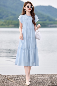 wynn256392法式木耳边飞飞袖连衣裙女甜美减龄中长裙2025夏连衣裙图片