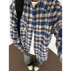 美式格子长袖衬衫男vintage蓝色情毛边外套薄款宽松型C352，男装衬衫，星座1116A（原606A-3）