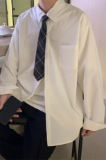 送领带春秋款衬衫男长袖i港风大码宽松白色男生衬衣CS712P35控58，男装衬衫，电商B413-1