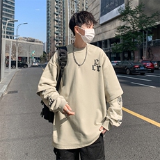 美式复古街头印花长袖圆领上衣春季潮牌假两件卫衣男W6994-P36，男装卫衣，星座512-2