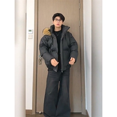 现货三防重磅硬挺boxy短款羽绒棉衣座山雕大毛毛领PU皮棉服外套冬，男装棉衣，电商A486-1