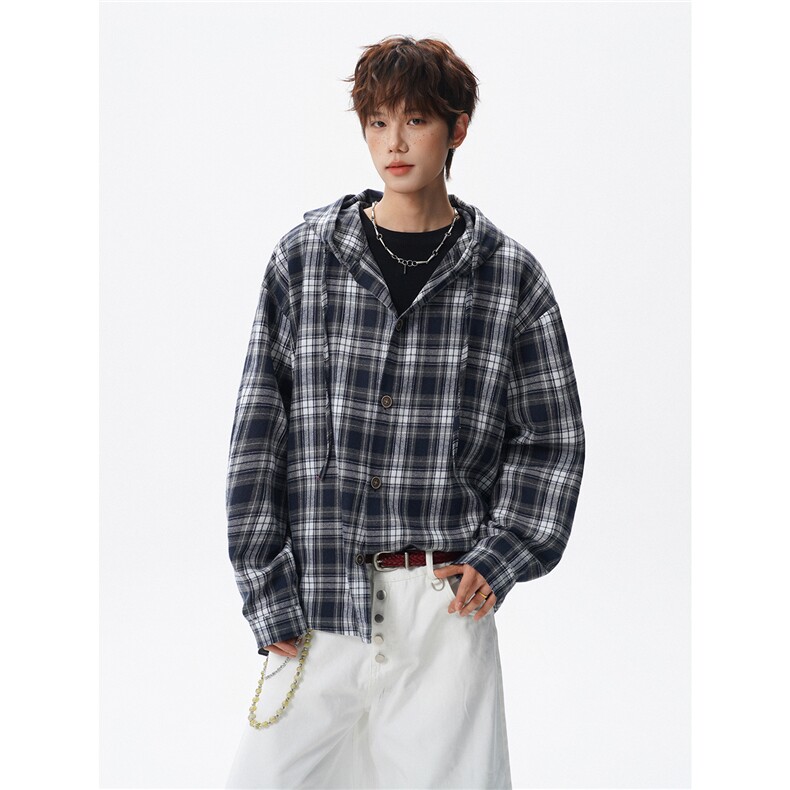 美式复古连帽格子衬衫大码慵懒风高级感长袖衬衣薄外套LC308特P38，男装衬衫，电商B215