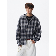 美式复古连帽格子衬衫大码慵懒风高级感长袖衬衣薄外套LC308特P38，男装衬衫，电商B215