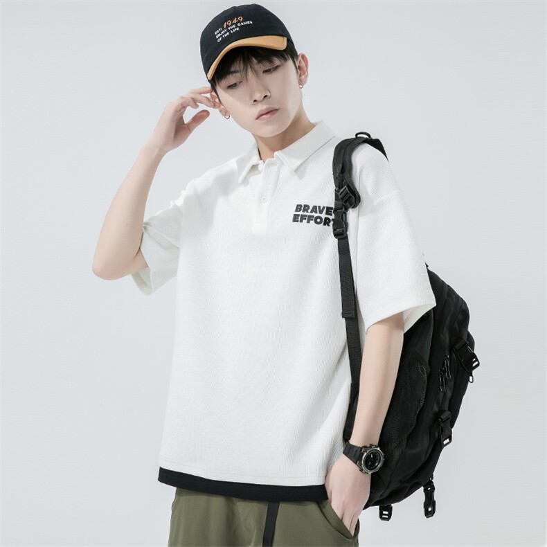无影墙夏季日系潮牌短袖T恤假两件青少年华夫格POLO衫男1500-P45，男装T恤，电商A441