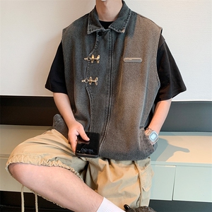 MJ150/P60高品质星空纹飞机扣新中式风牛仔马甲潮男无袖外套图片