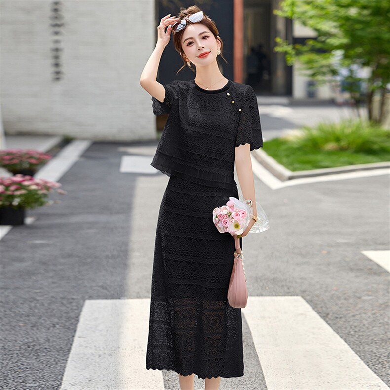 小香风名媛气质套装裙女2025夏新款洋气蕾丝镂空上衣半身裙两件套,女装套装/套裙,韩宇舍