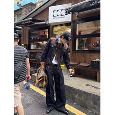 2026初春新款美式复古牛仔外套男士麂皮绒拼接原牛丹宁夹克，男装工装外套，四季星座505