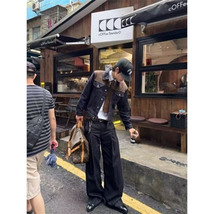 2026初春新款美式复古牛仔外套男士麂皮绒拼接原牛丹宁夹克图片