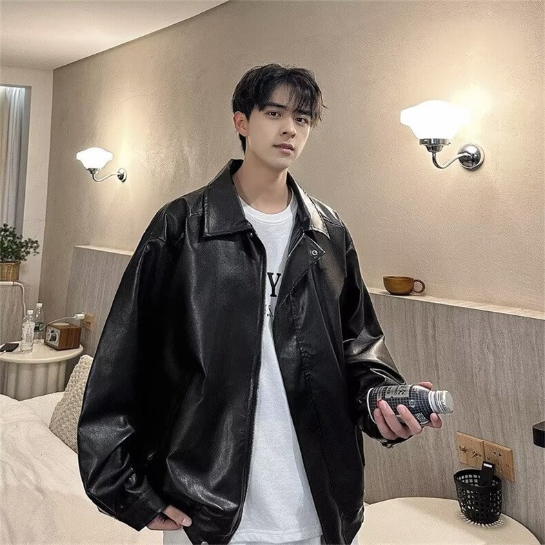 美拉德棕色皮衣外套机车服翻领复古宽松PU夹克上衣Y1023-P68网图,男装夹克,电商B245
