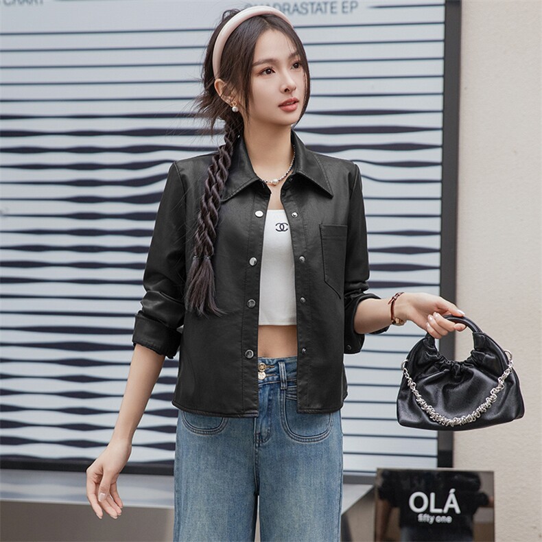 BAO海宁春季薄款皮衣外套女短款年轻时尚百搭仿绵羊皮皮夹克潮,女装皮衣,跑量工厂店