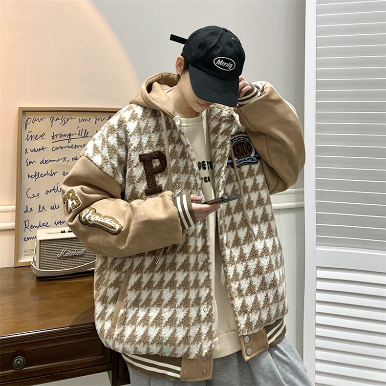 22冬千鸟格新款羊羔毛宽松大码棉服外套B266-Y616-P125,男装棉衣,星座B257-1
