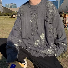 新款美式慵懒风破洞毛衣男ins潮牌oversize针织衫情侣MY9221-P58，男装针织衫/毛衣，星座1008-1