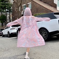 粉色时尚轻薄透气印花防晒上衣女2025夏季新款中长款宽松连帽外套，女装防晒衣，帛香坊
