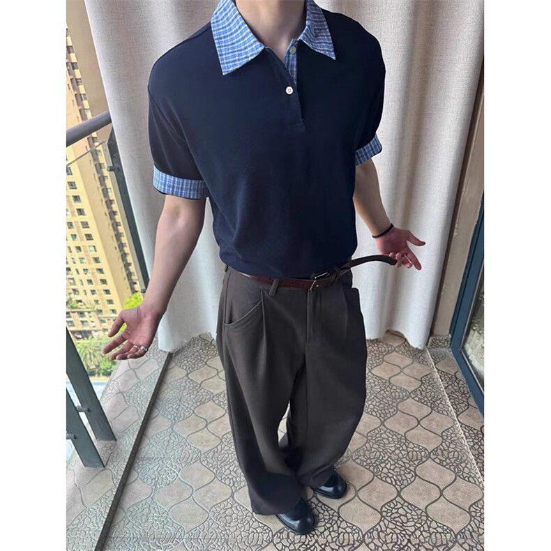 得物抖音高品质二开 夏季美式潮牌高街假两件格子衬衣翻领短袖T恤图片