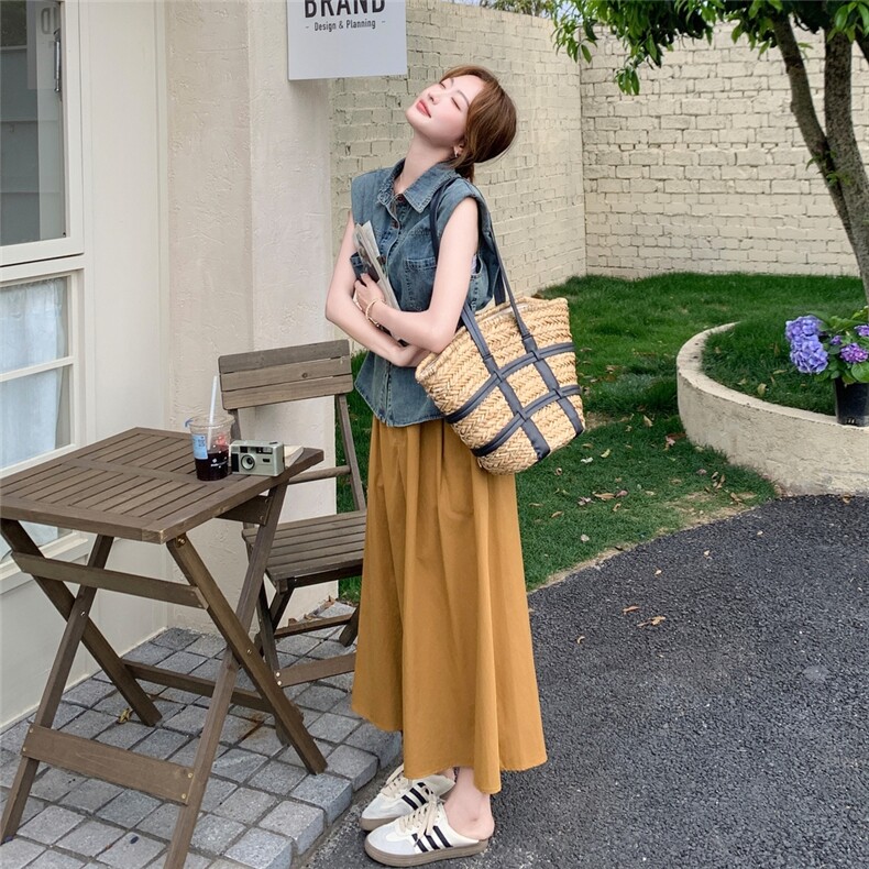 港风复古牛仔无袖衬衫半身裙套装女夏季气质显瘦两件套裙,女装套装/套裙,素月