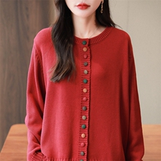 时髦彩扣设计感棉质针织开衫女宽松显瘦外套毛衣舒适保暖外搭上衣，女装针织衫/毛衣，品高羊绒