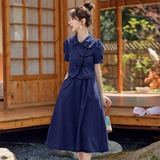 新中式国风牛仔套装女2025夏季新款复古气质盘扣上衣半身裙两件套，女装套装/套裙，慕依路