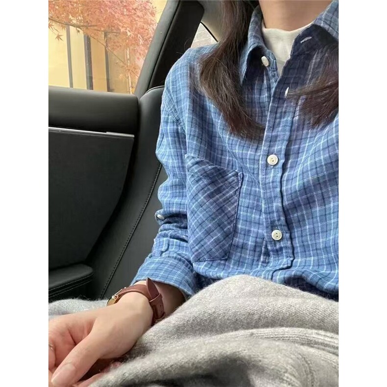 韩系双层棉纱蓝色小格纹翻领长袖衬衫女春秋慵懒宽松舒适外搭上衣,男装衬衫,星座1210-1