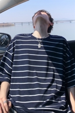 特批P22无差价夏季港风条纹设计男大码T恤半袖五分袖上衣T5097，男装T恤，电商A001-1
