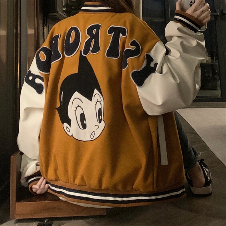 卡通美式拼接撞色棒球服女春秋字母刺绣情侣夹克外套潮C706-100图片