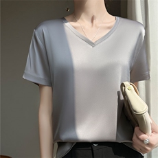 醋酸短袖T恤女25春圆V领简约半袖白色桑蚕丝真丝缎面内搭西装上衣，女装T恤，羊特美羊绒