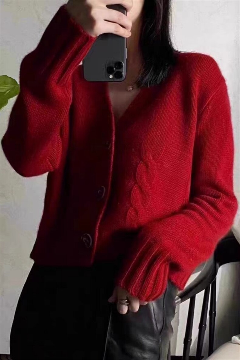 秋冬季羊毛绞花短款时尚复古休闲羊毛开衫外套,女装羊毛衫,锦瑟羊绒