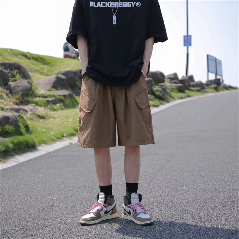 夏季日系复古工装短裤男女纯色宽松抽绳高街休闲五分裤子DM10-P33,男装牛仔裤,星座1008-1