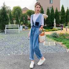 现货新品时尚韩版牛仔背带裤长裤两件套套装，女装连体裤，菡迪欧娜